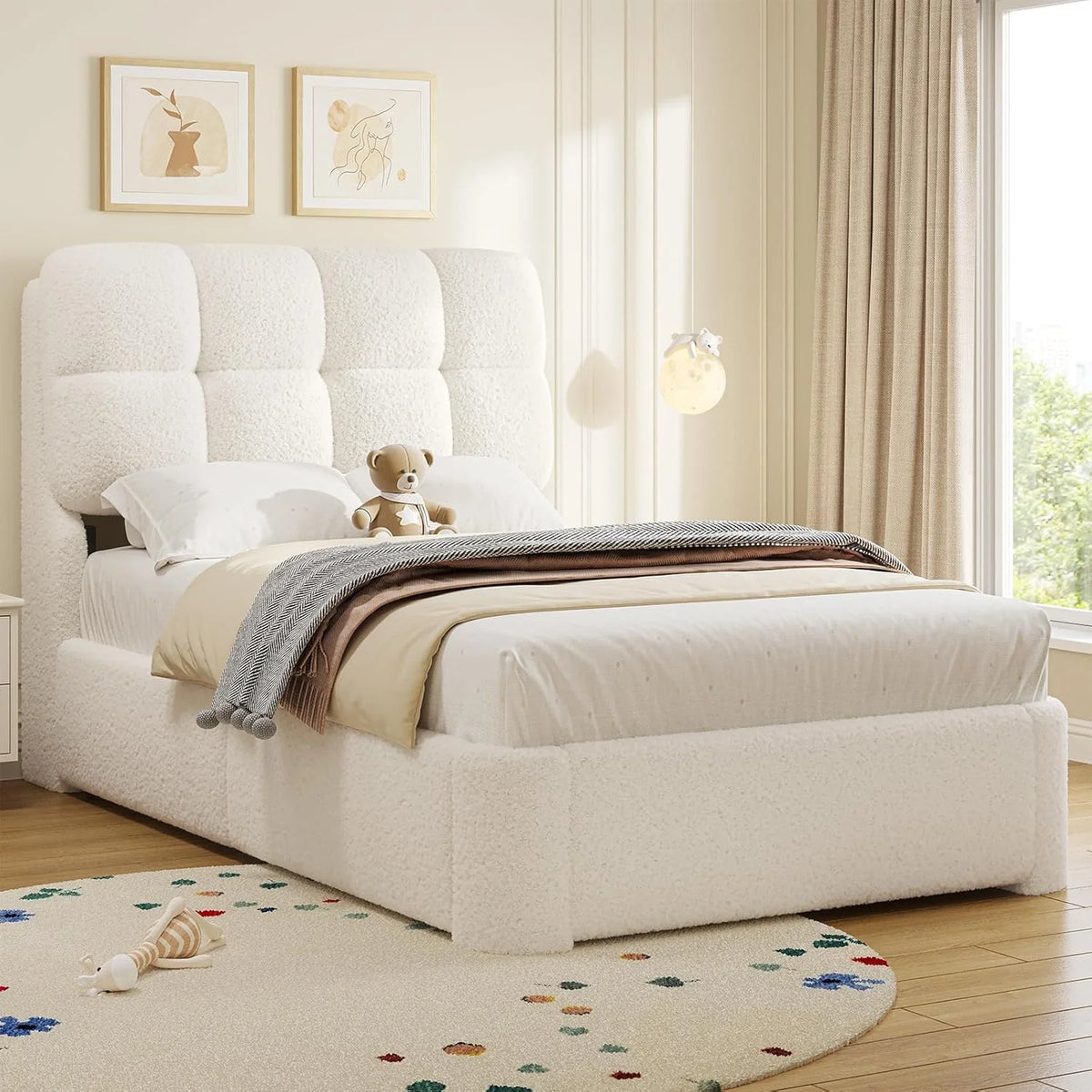 Upholstered Bed Frame Queen Size with Headboard, Modern Soft Cloud Queen Platform Bed for Bedroom, No Box Spring Needed, White