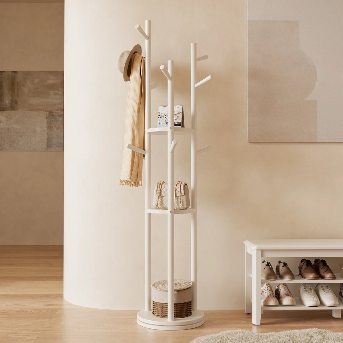 KASLANDI Solid Wood Rotary Coat Rack with 3 Shelves & 9 Hooks, Freestanding Hall Tree Stand, Coat Tree for Entryway, Living Room, Walnut, Easy Assembly