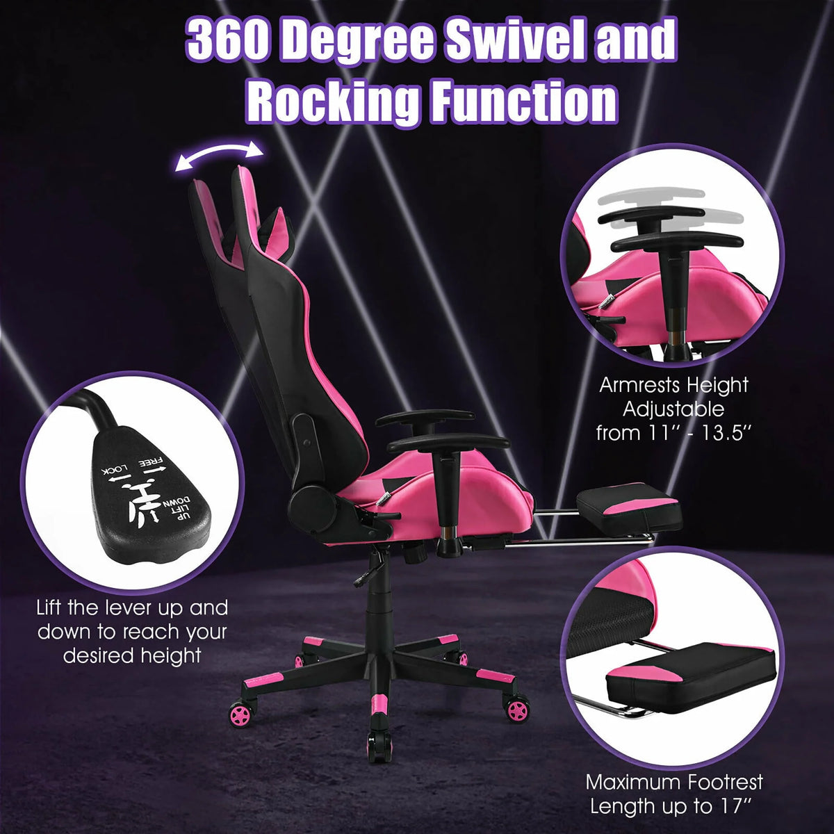 Costway Massage Gaming Chair Reclining Racing Office Computer Chair with Footrest Pink
