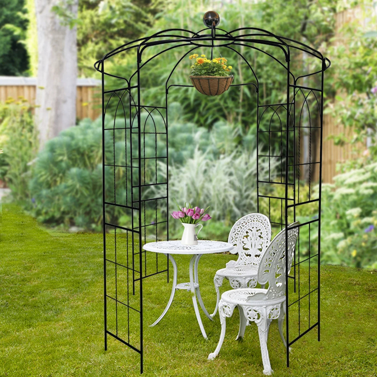 French Birdcage Gazebo with Metal Arch Trellis for Wedding Photography & Garden Decor, Sturdy Galvanized Steel, Black