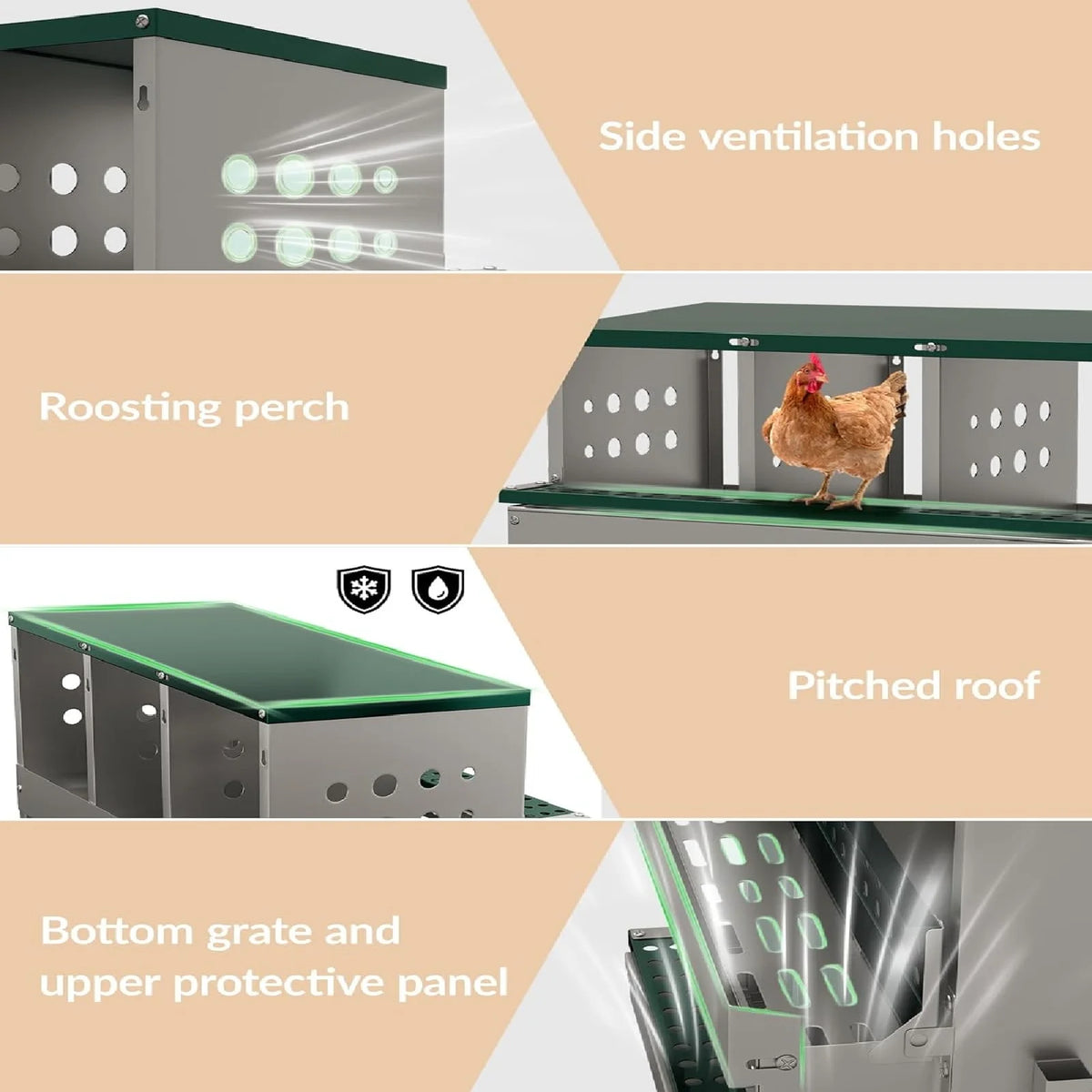 Metal Chicken Nesting Box for Laying Eggs, Rustproof Wall-mountable Roll Away Chicken Laying Boxes for Hens, Waterproof, Ventilated with Perch, 8 Compartments, Green