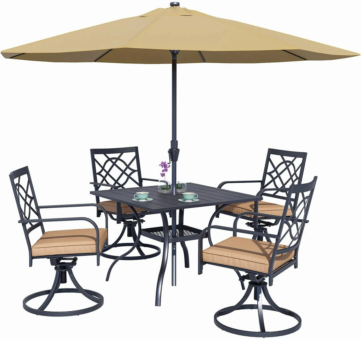 SUNCROWN 5-Piece Outdoor Wrought Iron Chairs and Table Patio Dining Furniture Set - 4 Stackable Metal Chairs, 1 Steel Slat Bistro Table and 1 Sky Blue 9Ft Patio Umbrella for Garden Backyard Deck