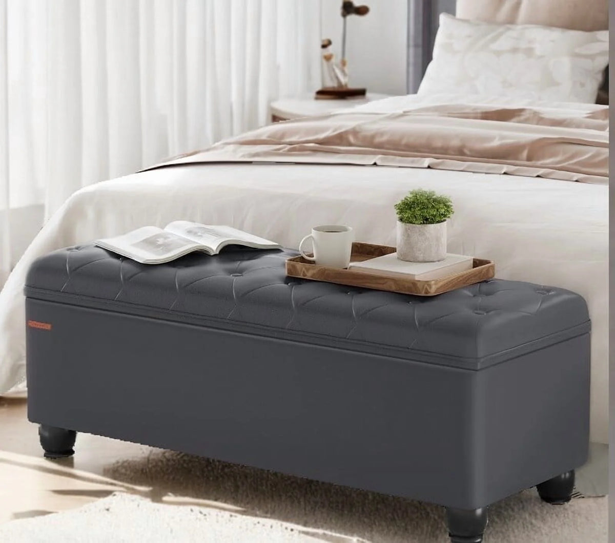 SONGMICS 46.5" Storage Ottoman Bench Storage Bench Bedroom Bench 330lb Load Capacity Solid Wood Legs Light Gray