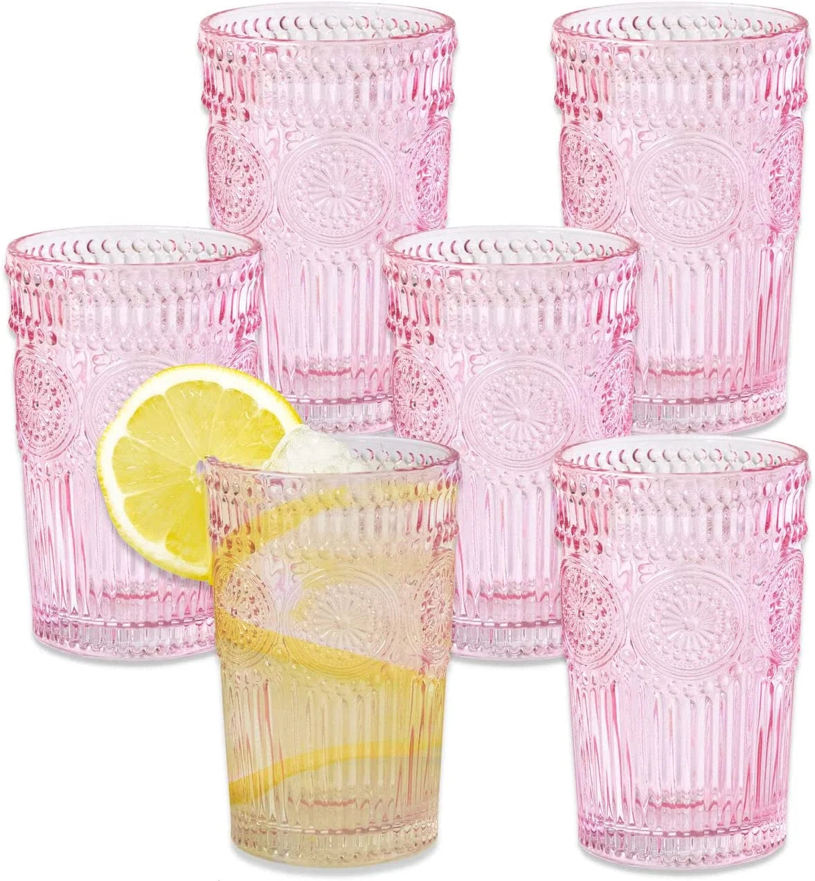 Vintage Textured Amber Striped Drinking Glasses Set of 24, (13 oz) Ribbed Glassware with Flower Design | Cocktail Set, Juice Glass, Water Tumbler