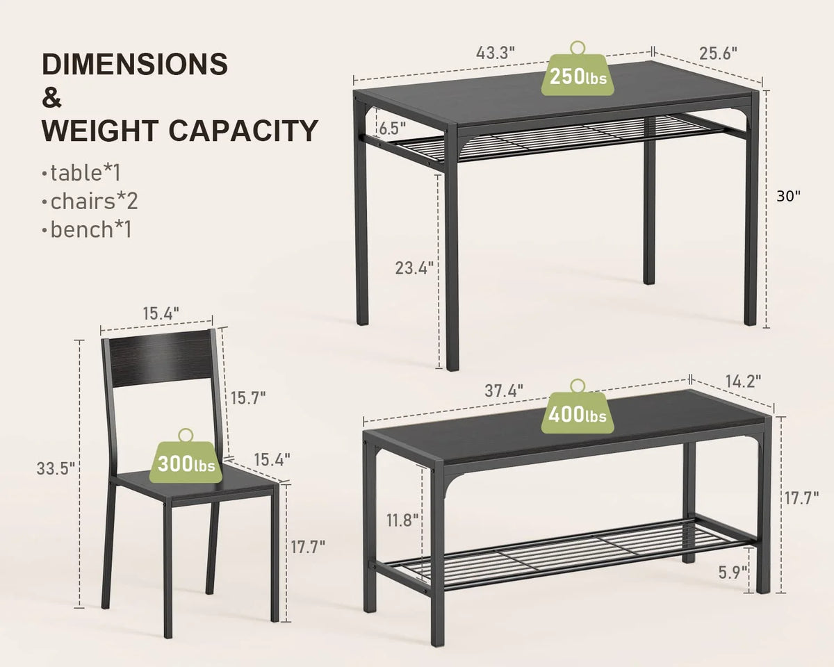 Lofka Dining Table Set for 4, Kitchen Table and Chairs Set with Bench for Small Space,  Breakfast Nook, Black