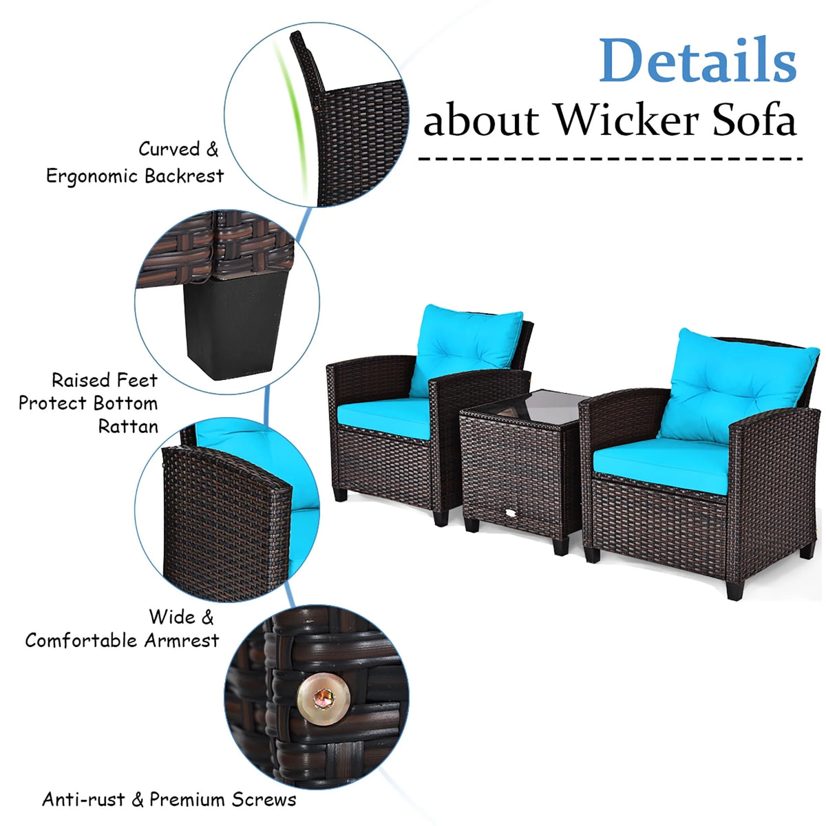 Costway 3PCS Patio Rattan Furniture Set Cushioned Conversation Set Sofa Turquoise