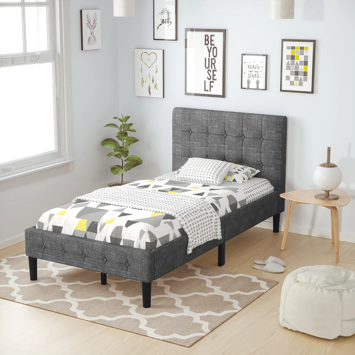 Costway Twin Upholstered Bed Frame Button Tufted Headboard Mattress Foundation Grey