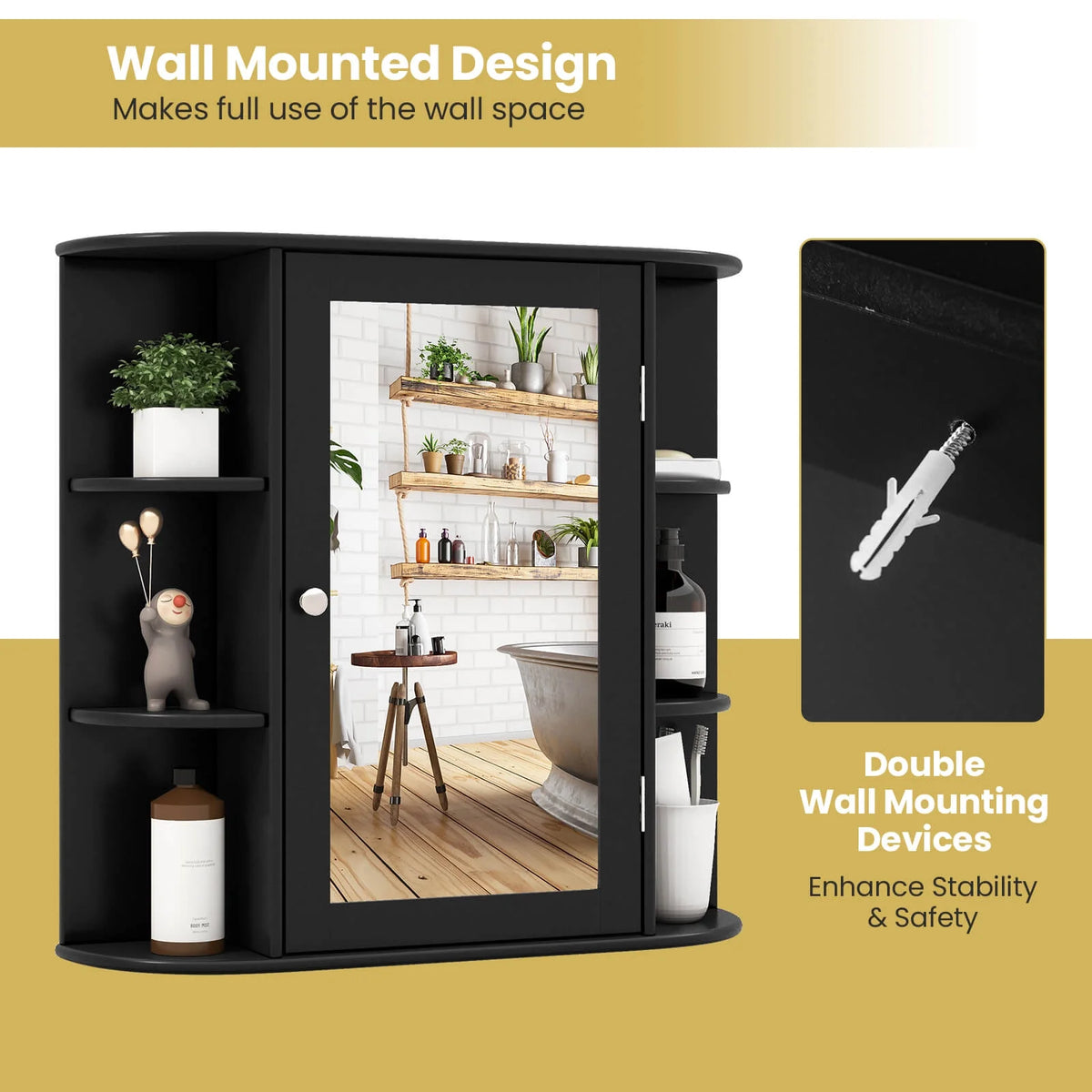 Costway, White, Medium Density Fiberboard, Multipurpose Mount Wall Surface Cabinet Mirror Glass, 26.00 x 6.50 x 23.50 Inches