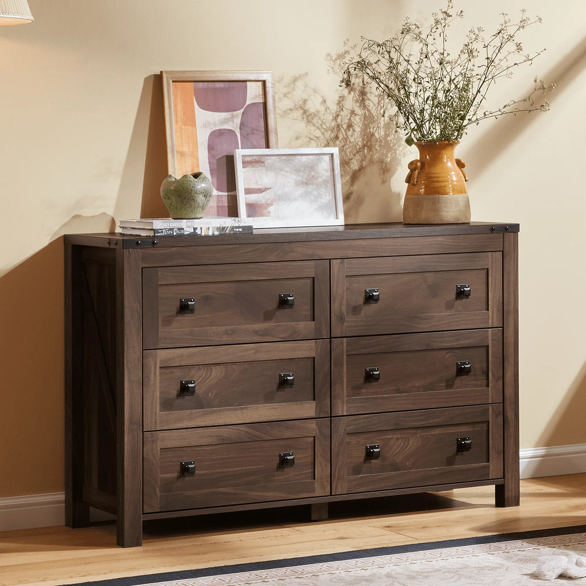 CHITOOMA Wooden Dressers for Bedroom 6 Drawer Adult, 47.2" Storage Cabine with Double Handle, Chest of Drawers for Living Room Hallway, Walnut