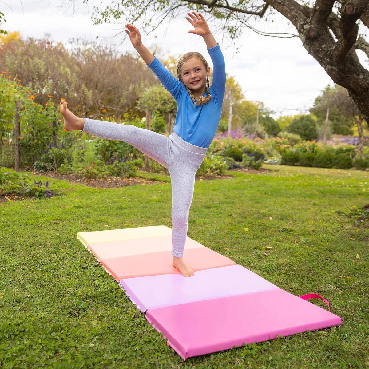 HearthSong 5-Panel Folding Kids' Gymnastics Tumbling Mat for Active Play, with Carrying Handles, Sun