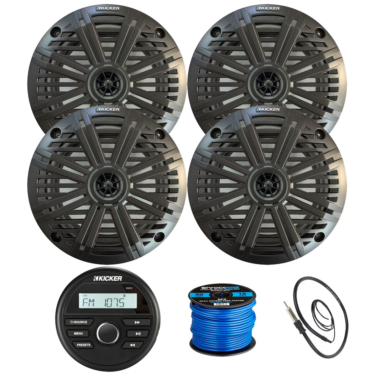 Kicker 46KMC2 Receiver + 2 Pairs 6.5" 2Way 195W Speakers w/ White Grilles, 50-ft Wire, 22" Antenna