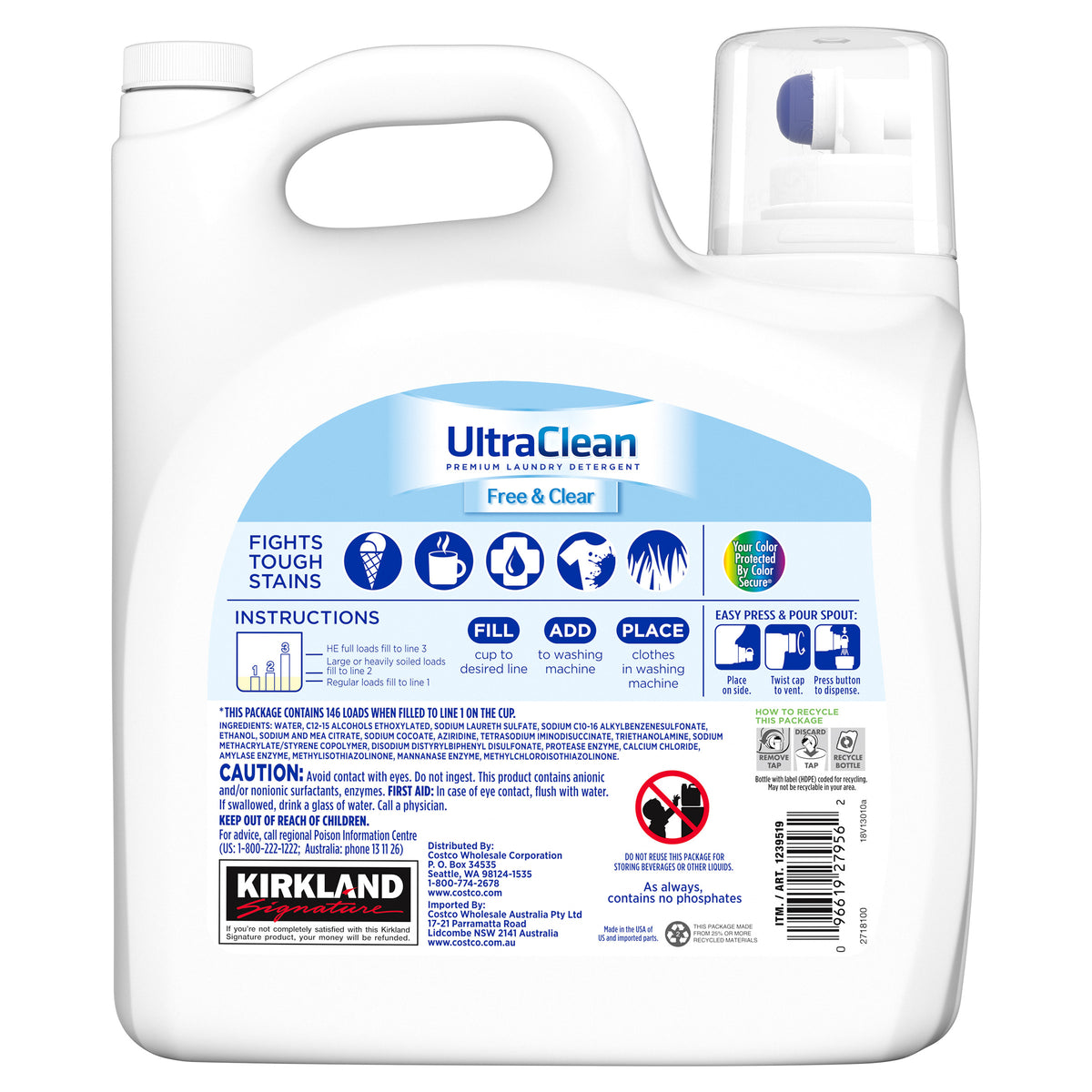 Kirkland Signature Ultra Clean Free & Clear HE Liquid Laundry Detergent, 146 loads, 194 fl oz