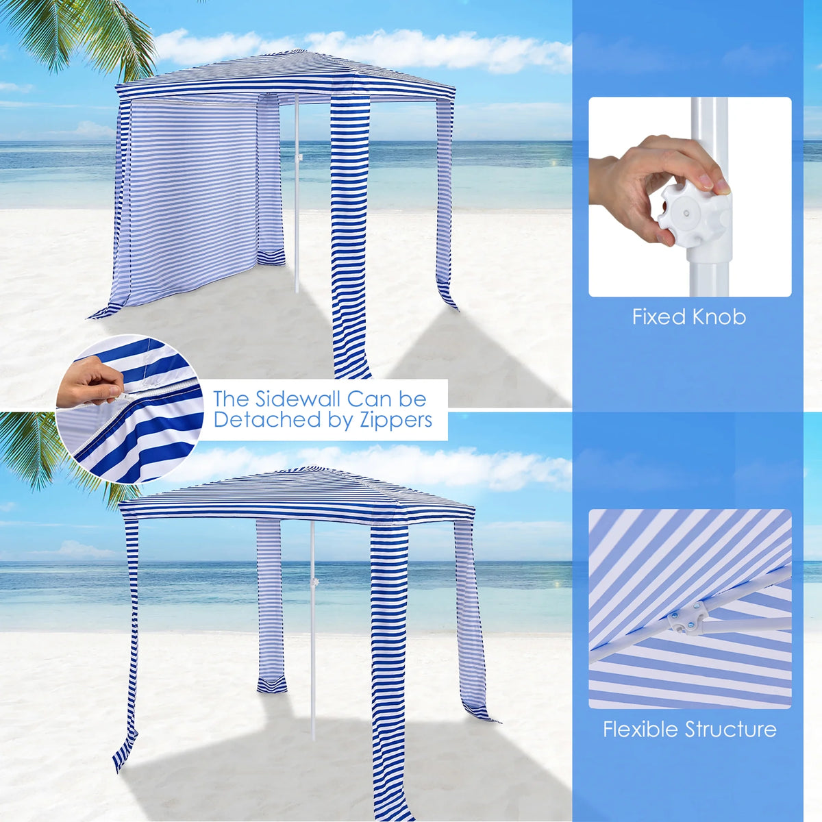 Costway 6.6' x 6.6' Foldable Beach Cabana Easy-Setup Beach Canopy W/ Carry Bag Blue