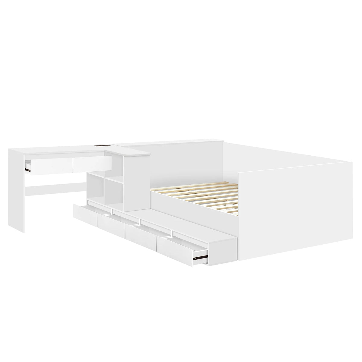 Full Size White Wooden Platform Bed w/ 6 Drawers, Vanity Desk &amp; Shelves - Bedroom Furniture. Space-saving design. Includes storage, perfect for small spaces. 75.3"L x 100.9"W.