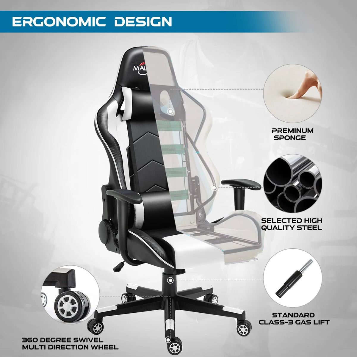Polar Aurora Gaming Chair Computer Racing Style Video Chairs with Headrest Lumbar Support