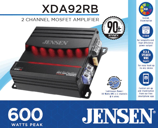 JENSEN XDA92RB Class D 2 Channel Bridgeable Amplifier with 80 Watts x 2 RMS, 600 Watts