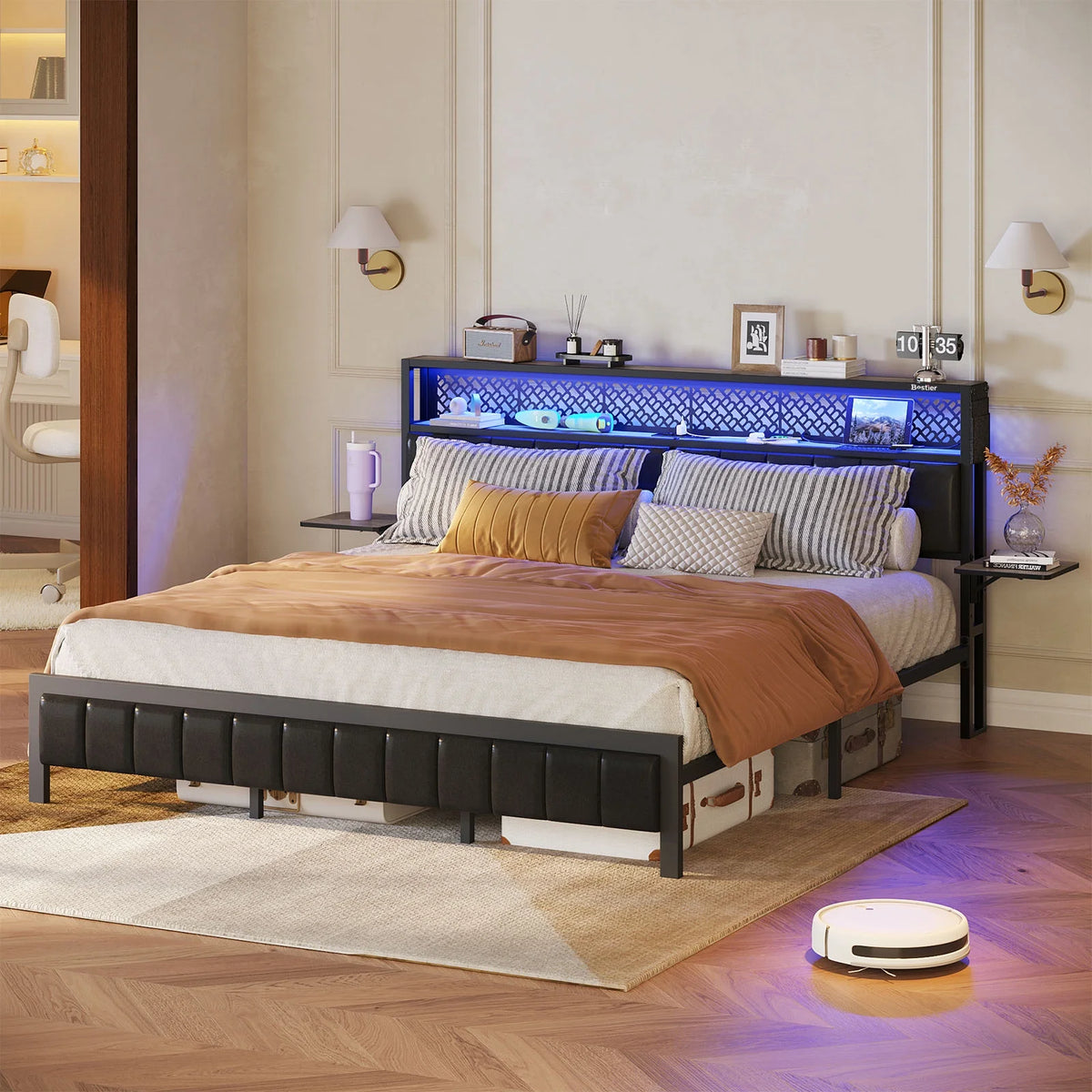 Bestier Queen Size Platform Bed Frame with Wood Foldable Bedside Shelves and LED Storage Headboard Charge Station, Gray