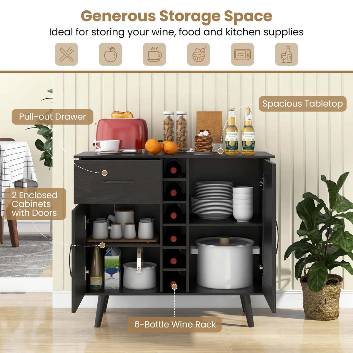 Costway 2-Door Wine Bar Cabinet Kitchen Sideboard Buffet with Drawer & Adjustable Shelves Natural