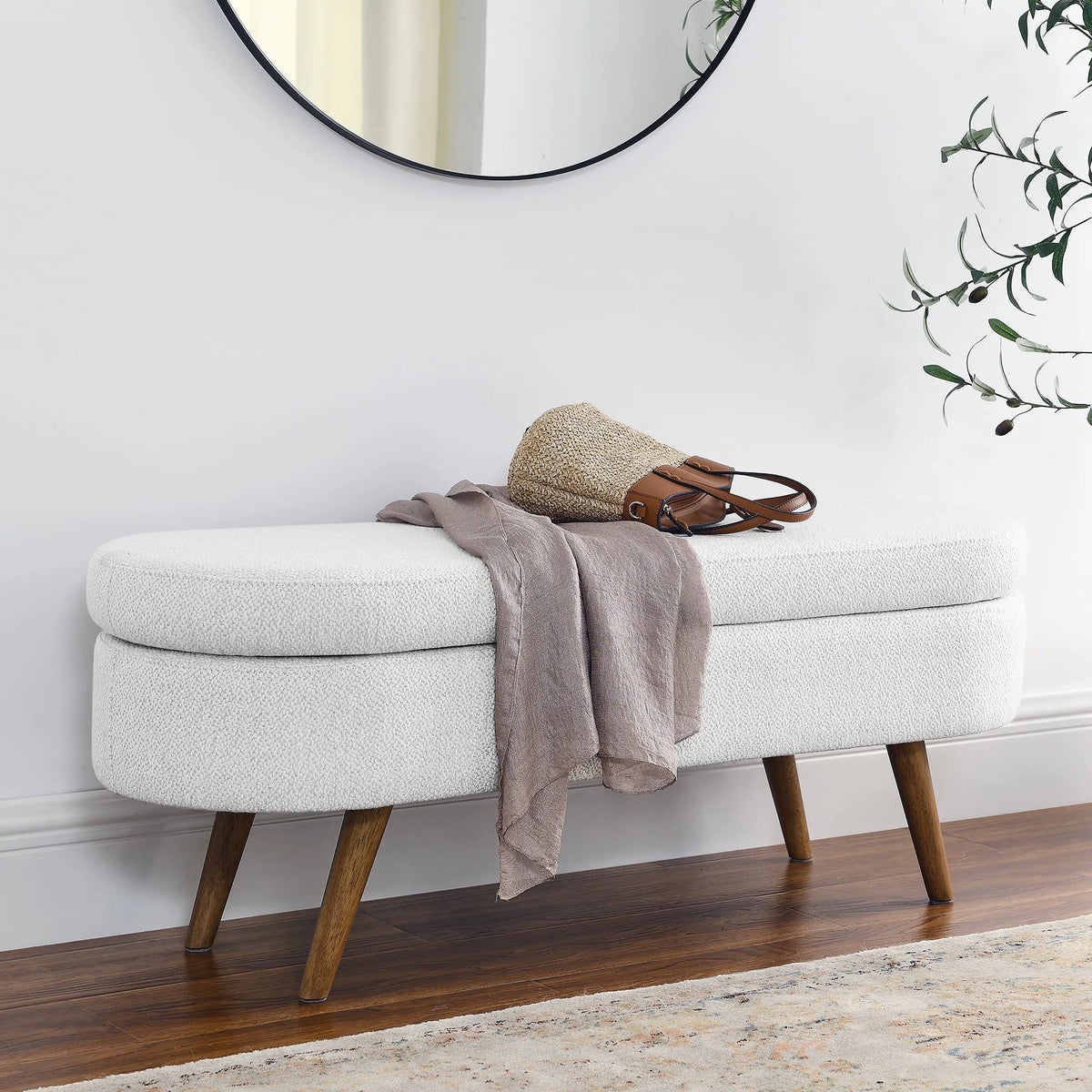 Furniliving Modern Upholstered Button Tufted Storage Ottoman Entryway Bench, Ivory