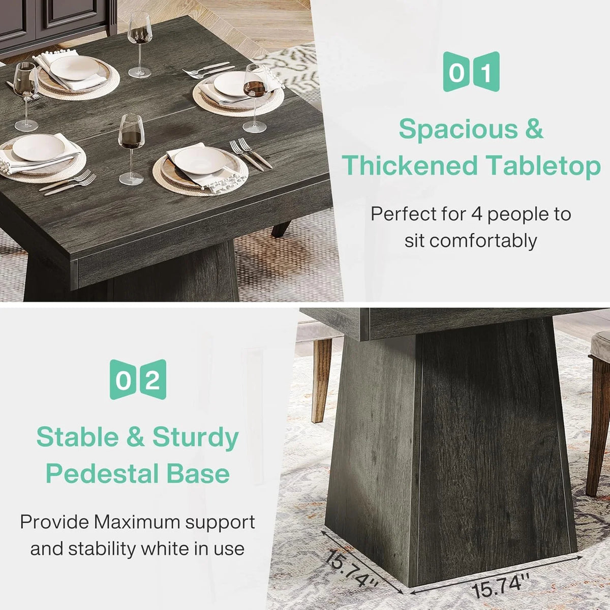 Tribesigns Square Dining Table for 4, 31.5-Inch Kitchen Table Small Dinner Table with Sturdy Pedestal Base, Farmhouse Dining Room Table for Home Dining Room, Living Room, Kitchen, Dark Gray