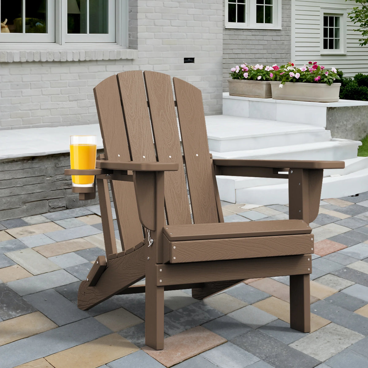 SERWALL Folding Adirondack Chair Set with Dual Cup Holders & Phone Holder, All-Weather HDPE Fire Pit Chairs for Outdoor, Patio, Poolside, Garden - Black