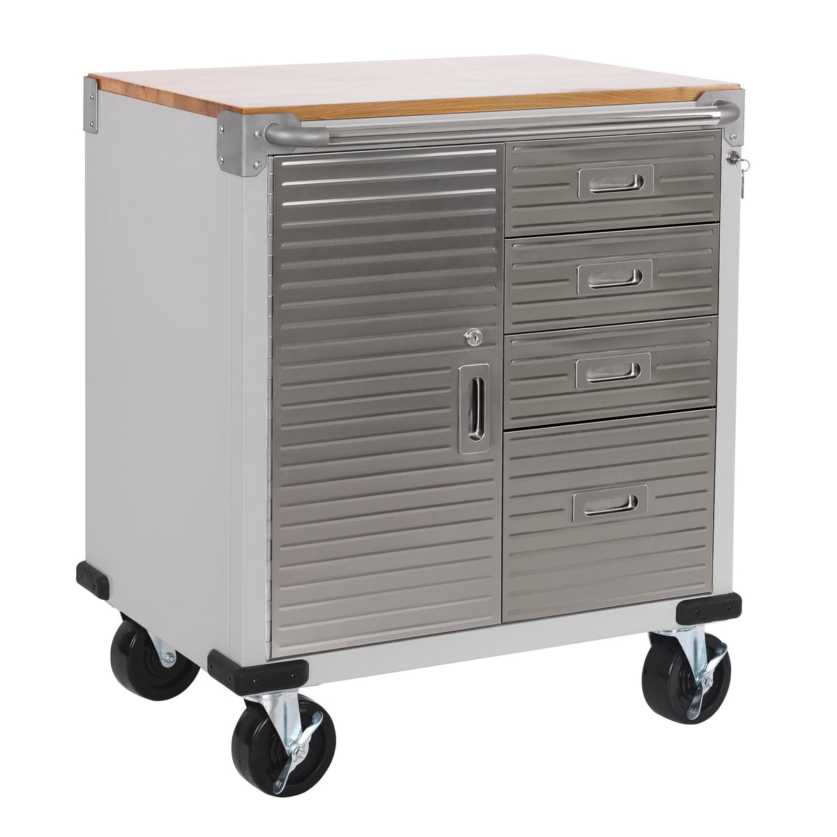Seville Classics UltraHD® Heavy Duty Rolling Cabinet Workbench Table w/ Solid Wood Top, Workstation for Garage, Office, Workshop, Granite, 1-Door, 4-Drawer (28" W x 25" D)