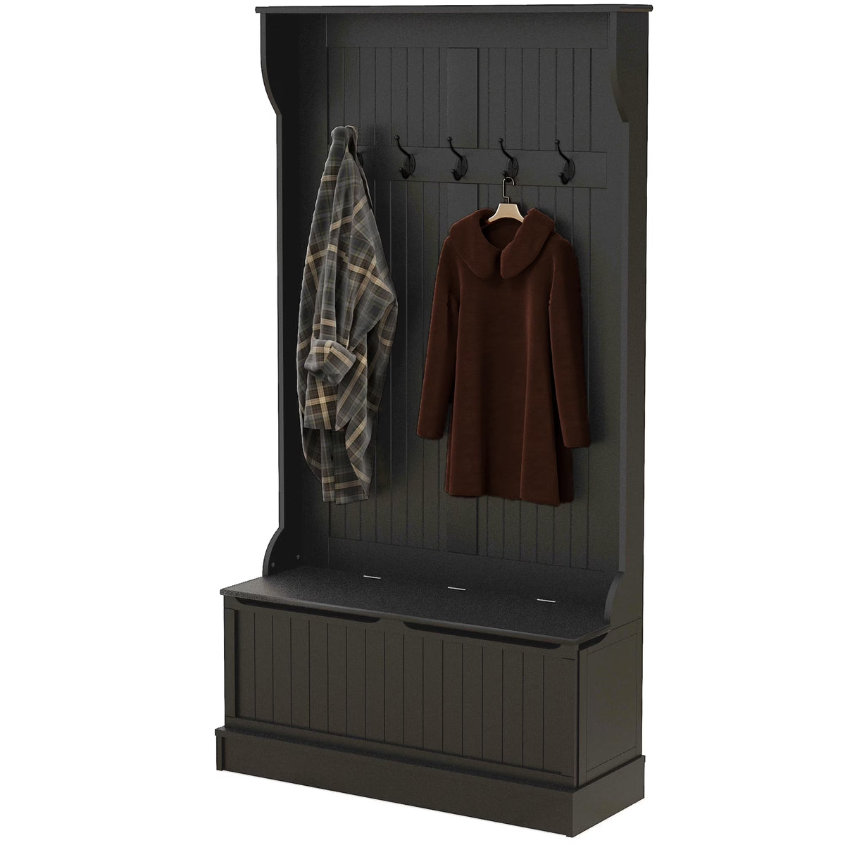 HOMCOM 3-In-1 Hall Tree Storage Bench and Coat Rack with Hooks Black