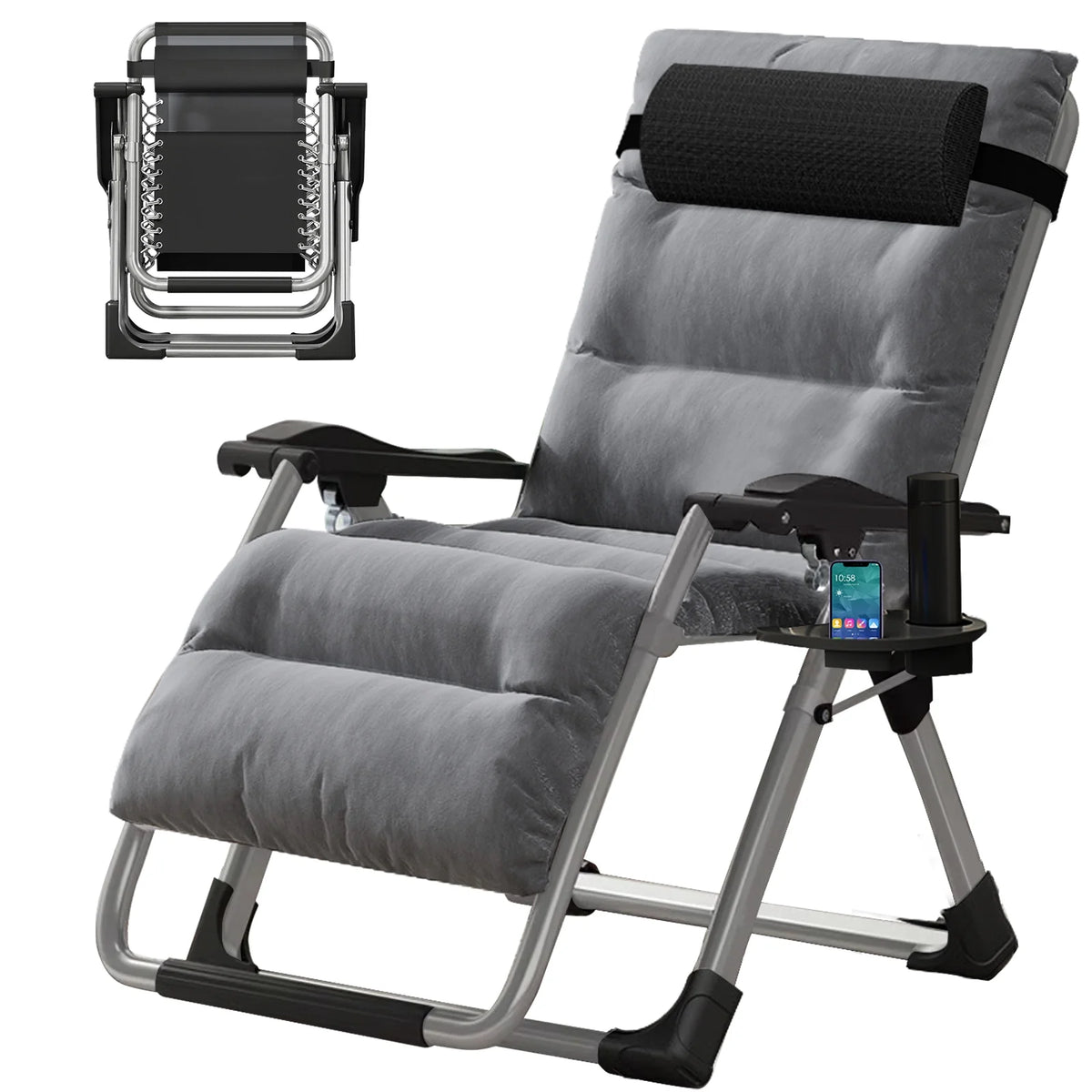 NAIZEA Outdoor Zero Gravity Chair Camping Recliner Lawn Recliner, Reclining Patio Lounger Chair, Folding Portable Chaise with Detachable Soft Cushion, Cup Holder, Headrest