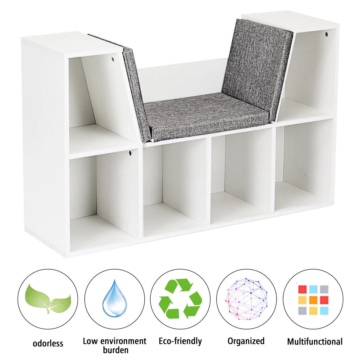 Costway 6 Cubby Kid Storage Cabinet Bookcase Multi-Purpose Shelf Cushioned Reading Nook