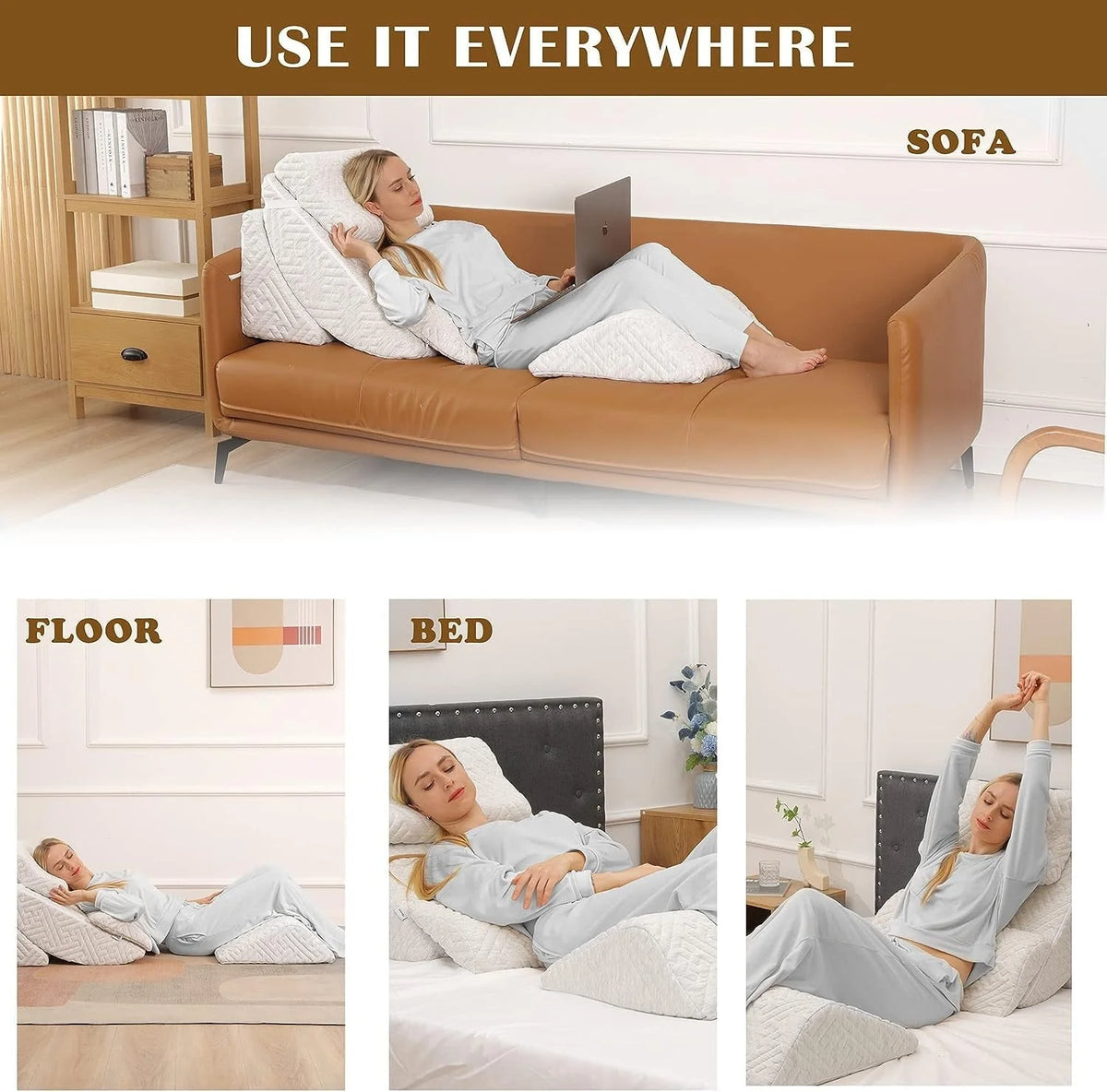 Tolead 5pcs Orthopedic Washable Bed Wedge Pillow Set, Adjustable Memory Foam, Sleeping, Reading, Gray