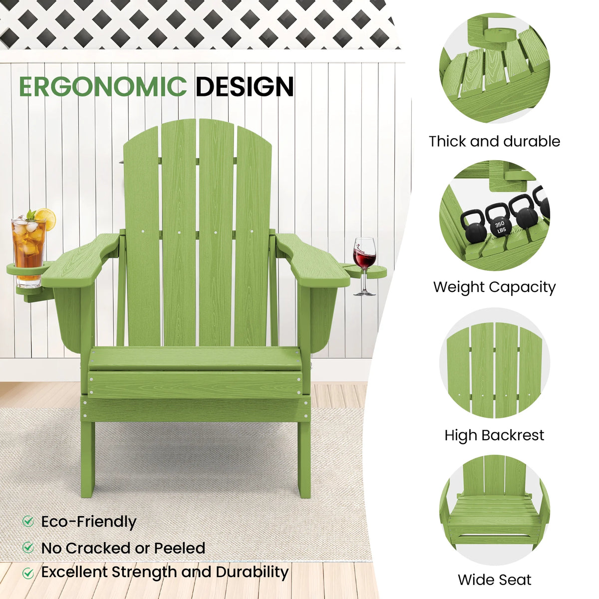 SERWALL Folding Adirondack Chair Set with Dual Cup Holders & Phone Holder, All-Weather HDPE Fire Pit Chairs for Outdoor, Patio, Poolside, Garden - Black
