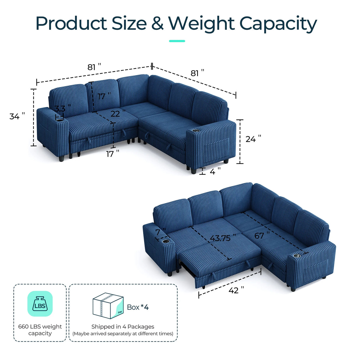 Linsy Home Plush Corduroy Sleeper Sofa Bed with Reversible Storage Chaise, Pull Out Couch Bed with USB, Cup Holder, Side Pocket, L Shaped Sectional Couches for Living Room, Apartment, Dark Grey