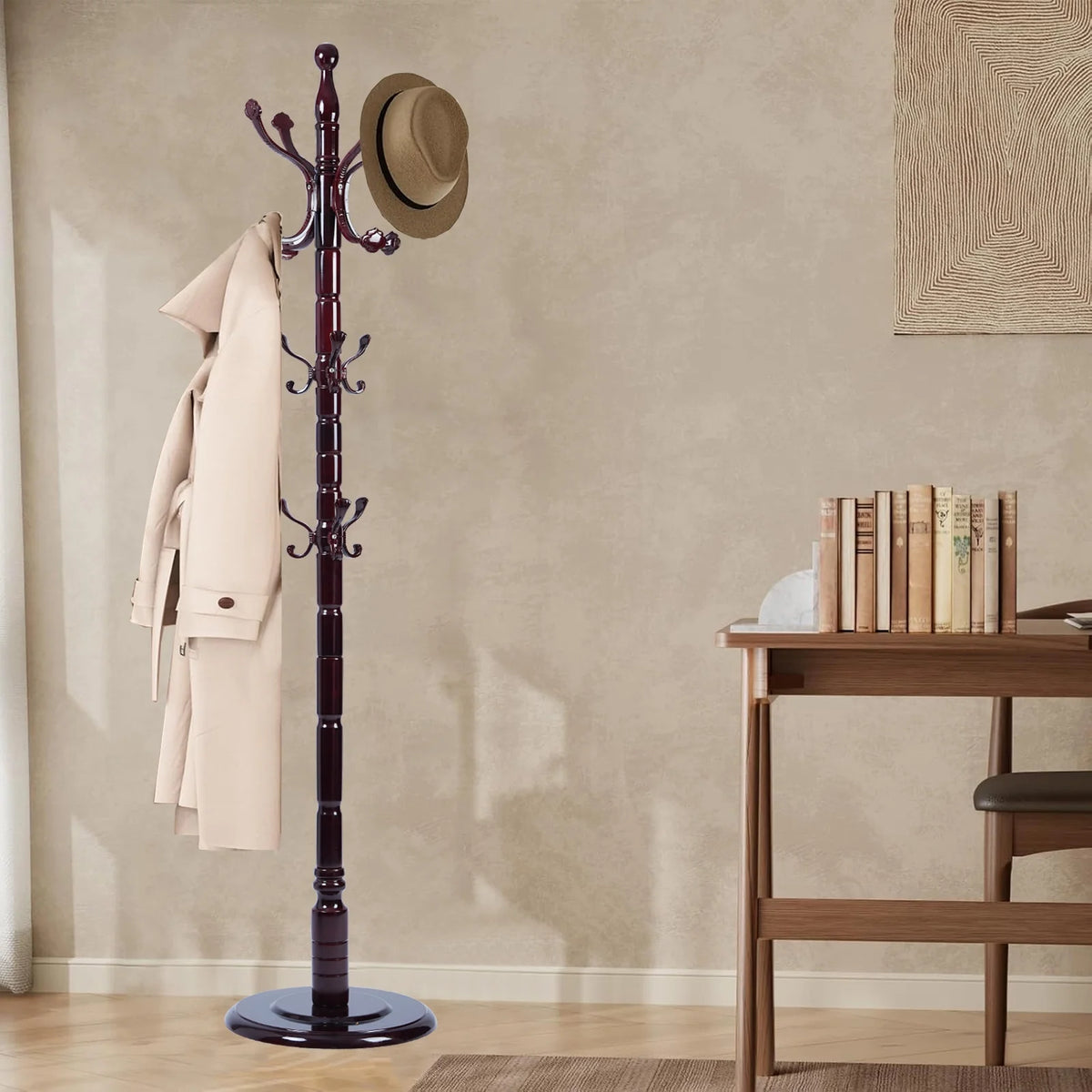 Coat Rack Freestanding, Hall Tree with 11 Hooks, Heavy Duty Wooden Coat Tree Stand, Adjustable Height, Sturdy Base for Bedroom Hallway Office - Load 270lbs