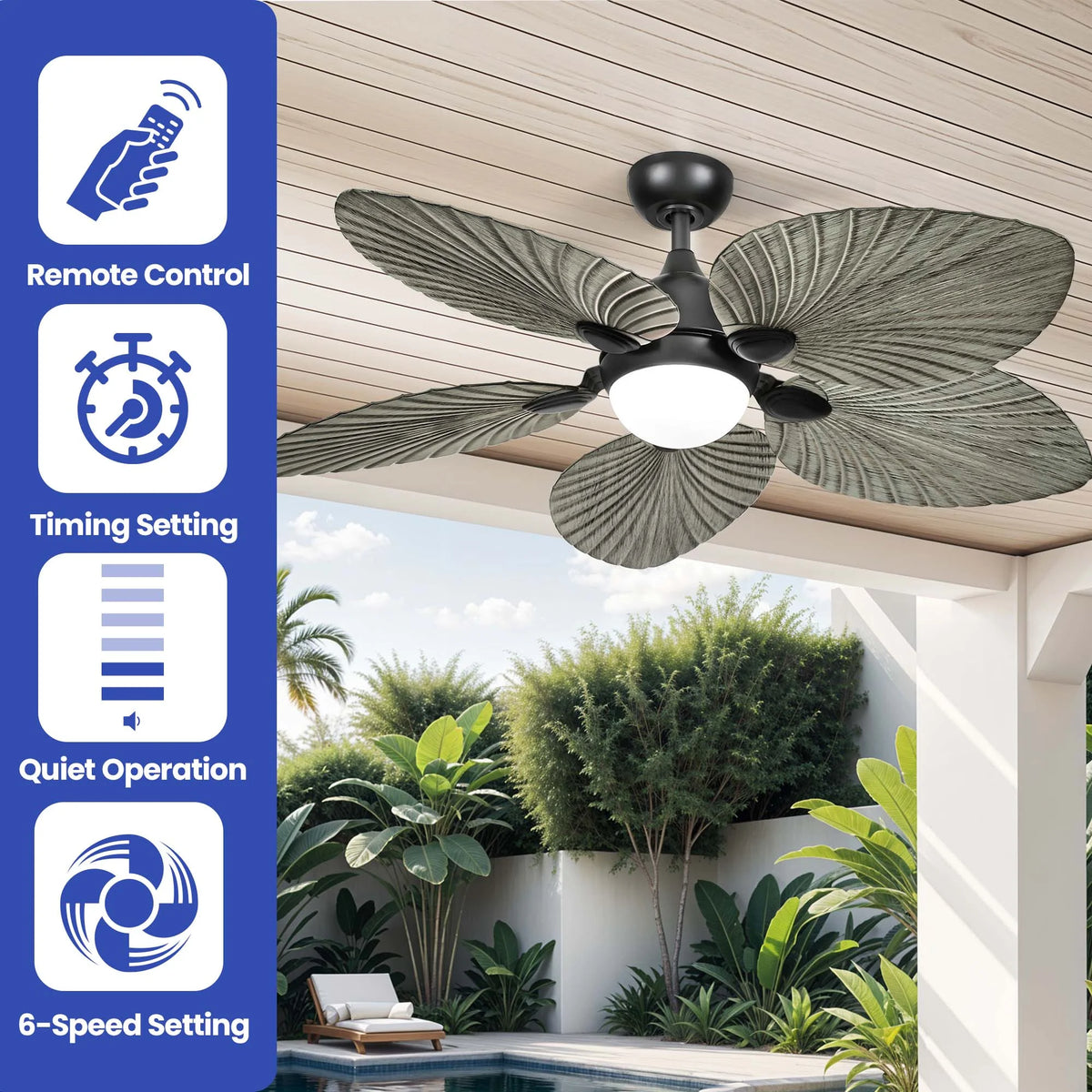 ModFusion 52" Gray Black Coastal Ceiling Fan with Palm Leaf Blades, LED Light & Remote �C Quiet Reversible DC Motor Indoor/Outdoor