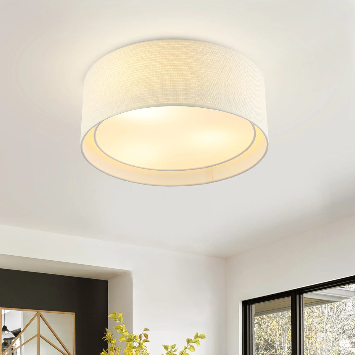 LEDET 15.7 in. Yellow Flush Mount Ceiling Light Rattan Weaving Shade Home Decor Pendant Lighting