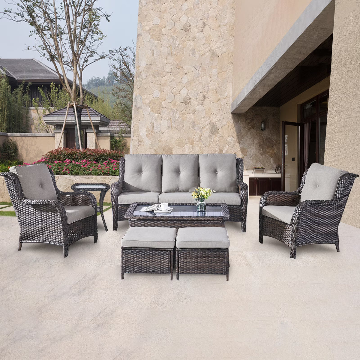 POCASSY 7 Piece Rattan Sofa Seating Group with Cushions