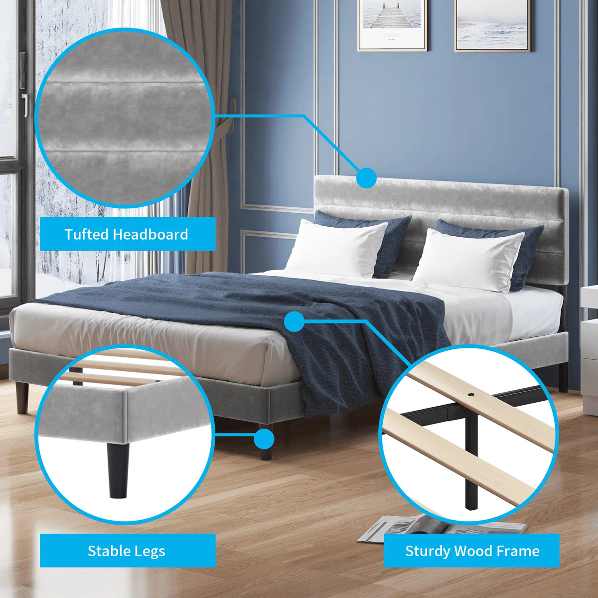 MUZZ Modern Upholstered Velvet Bed Frame, Platform Bed Frame Tufted | Light Grey, Full