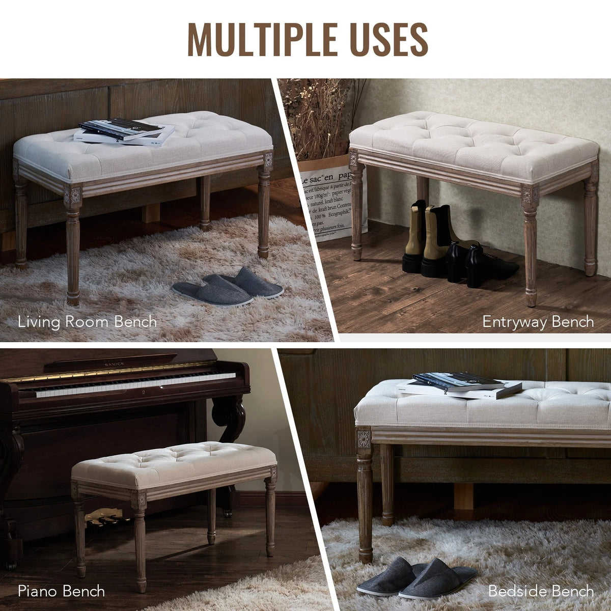 Wayshire Upholstered Entryway Bench with Rubber Wood Legs Tufted Ottoman for Dining Room Bedroom More
