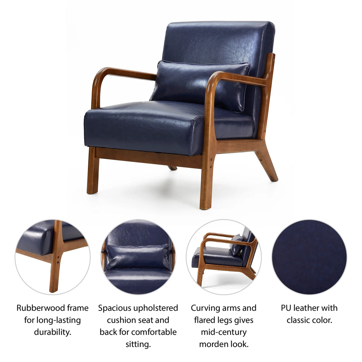 Glitzhome Mid Century Solid Wood Frame Accent Chair Modern Leather Lazy Chair