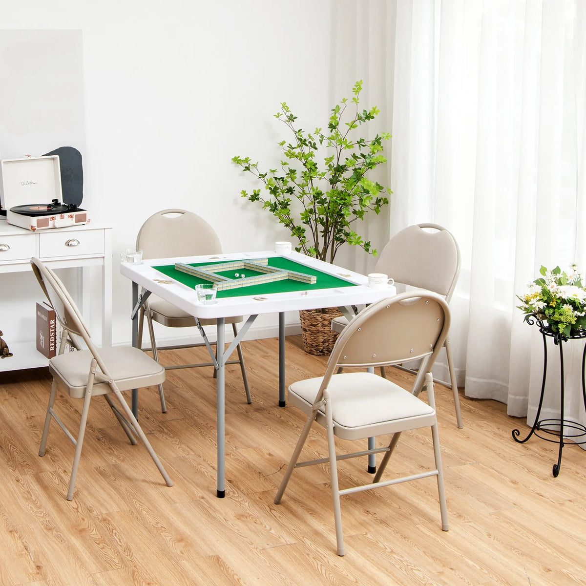 Goplus 35'' 4-Player Mahjong Card Game Portable Folding Table w/Cup & Coin Holder