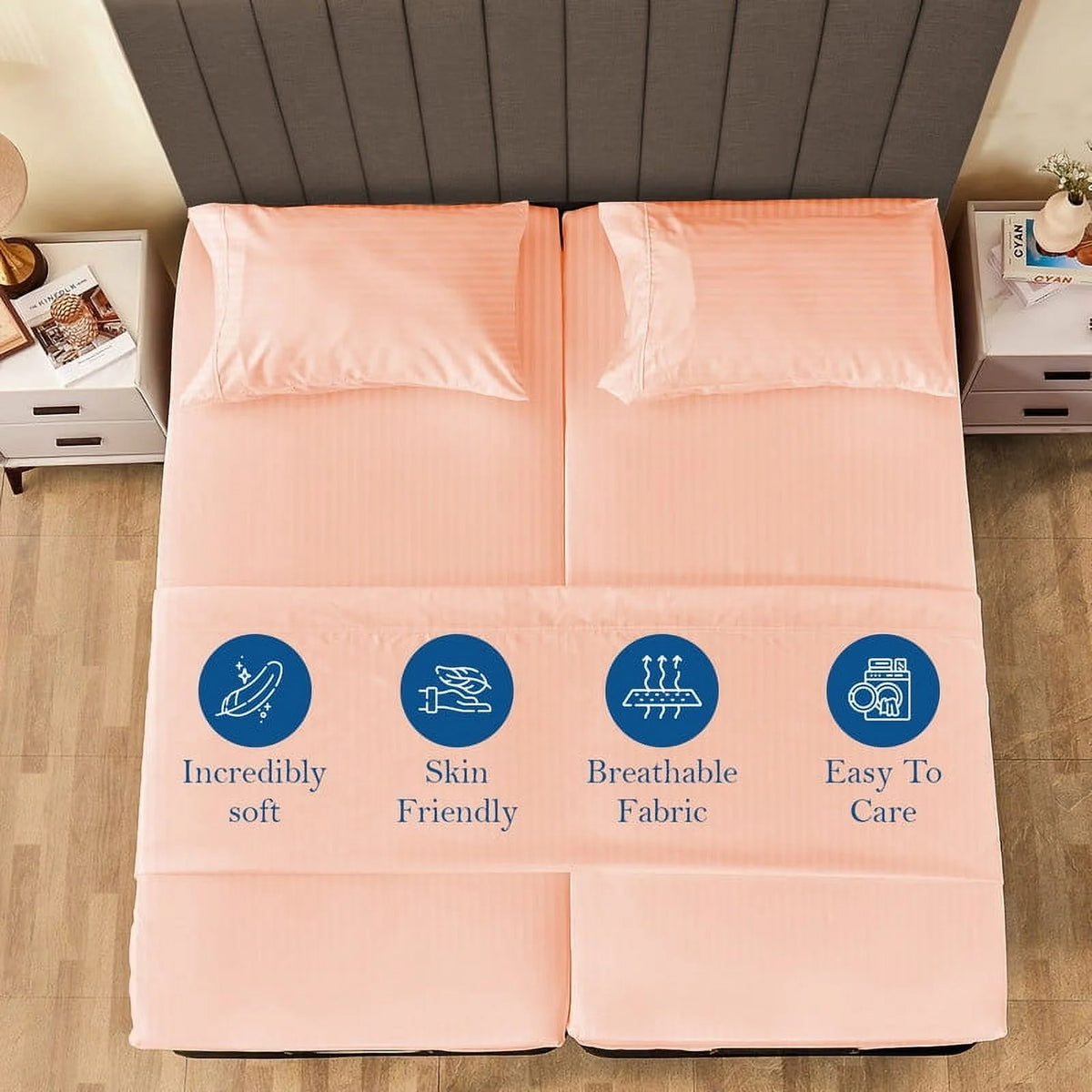 5-Piece Split Queen Sheet Set, 800 Thread Count, 100% Egyptian Cotton, Color Aqua Blue Stripe Pattern, Fits 16-Inch Deep Mattresses