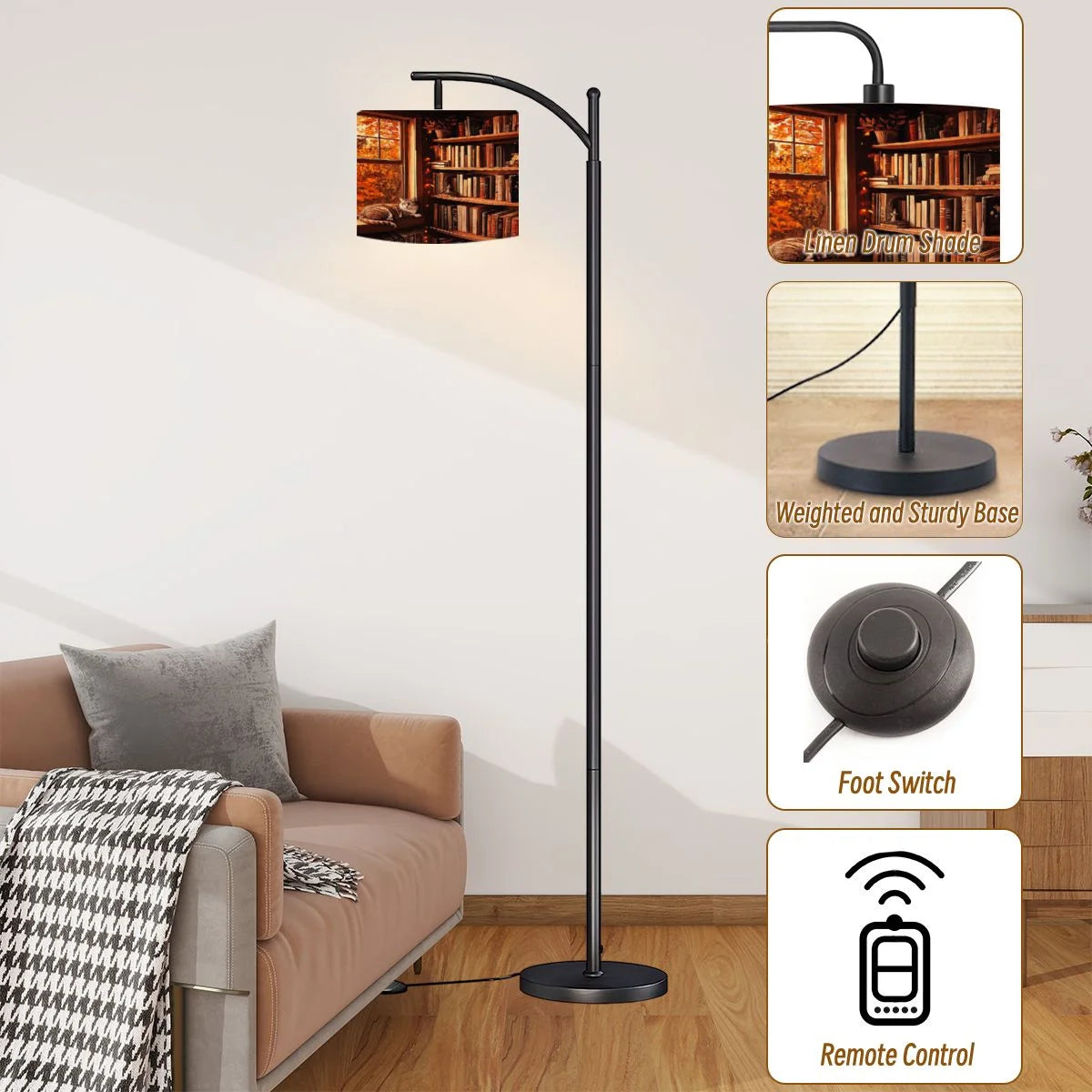 Arc Floor Lamps Surreal Bookshelf Dreamlike Sky Art Print Modern LED Adjustable Lampshade Standing Light for Living Room Reading Bedroom Office