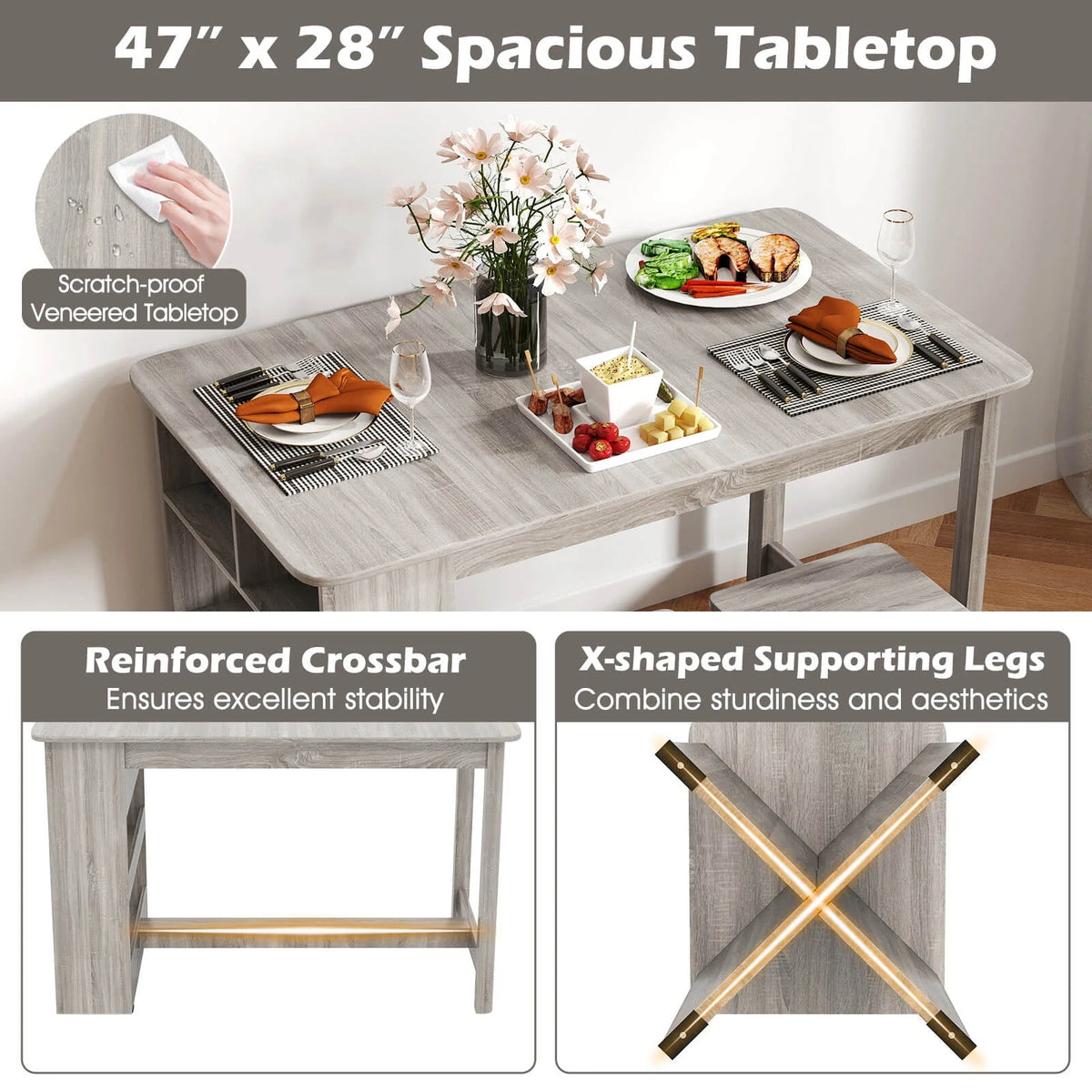 Costway 5 PCS Dining Table Set with Storage Shelf Rectangular Kitchen Table with 4 Stools Beige