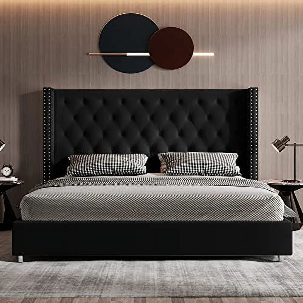 VanAcc Queen Bed Frame Upholstered Bed Wingback Headboard Velvet Tufted Diamond Button/No Box Spring Needed/Easy Assembly/Gray