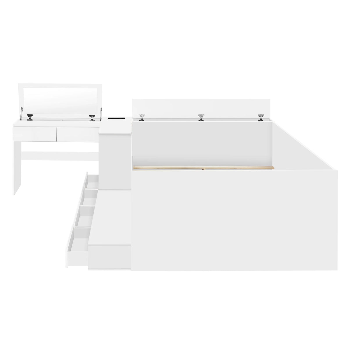 Full Size White Wooden Platform Bed w/ 6 Drawers, Vanity Desk &amp; Shelves - Bedroom Furniture. Space-saving design. Includes storage, perfect for small spaces. 75.3"L x 100.9"W.