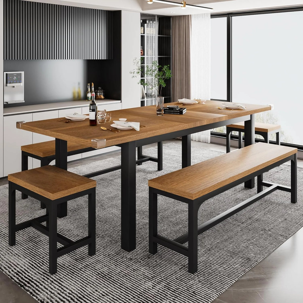 iPormis 5-Piece Dining Table Set for 4-8 People, Extendable Kitchen Table Set with 2 Benches and 2 Square Stools, Black