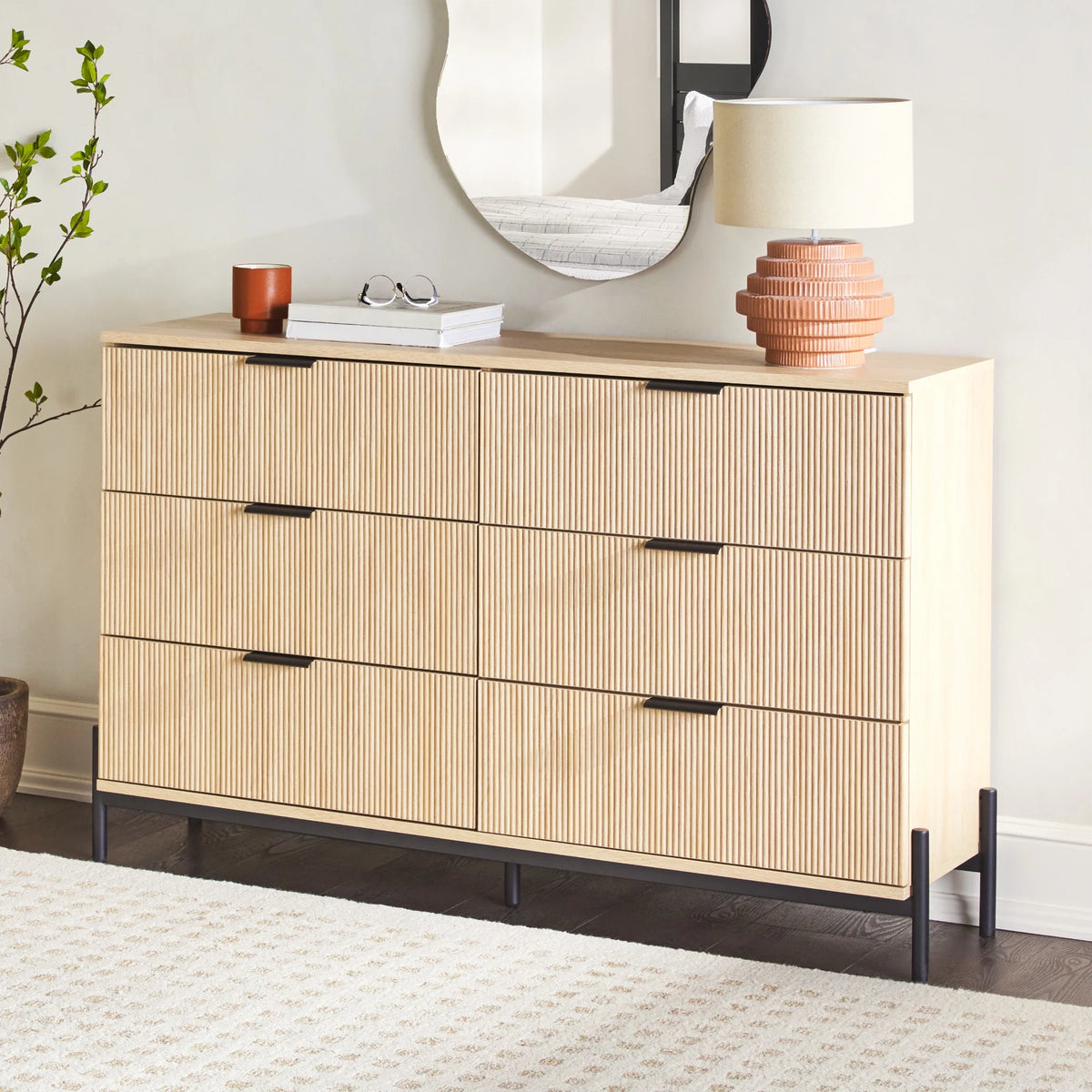 Walker Edison Mid-Century 6-Drawer Dresser with Reeded Drawer Fronts, Mocha