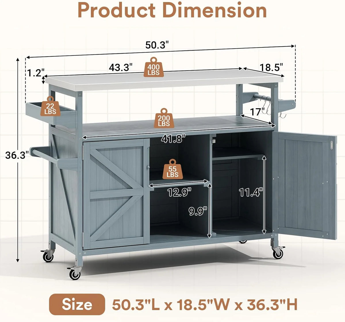 ZIVACATE Rolling Kitchen Island with Drop Leaf and Storage Large 53 in Movable Kitchen Carts White