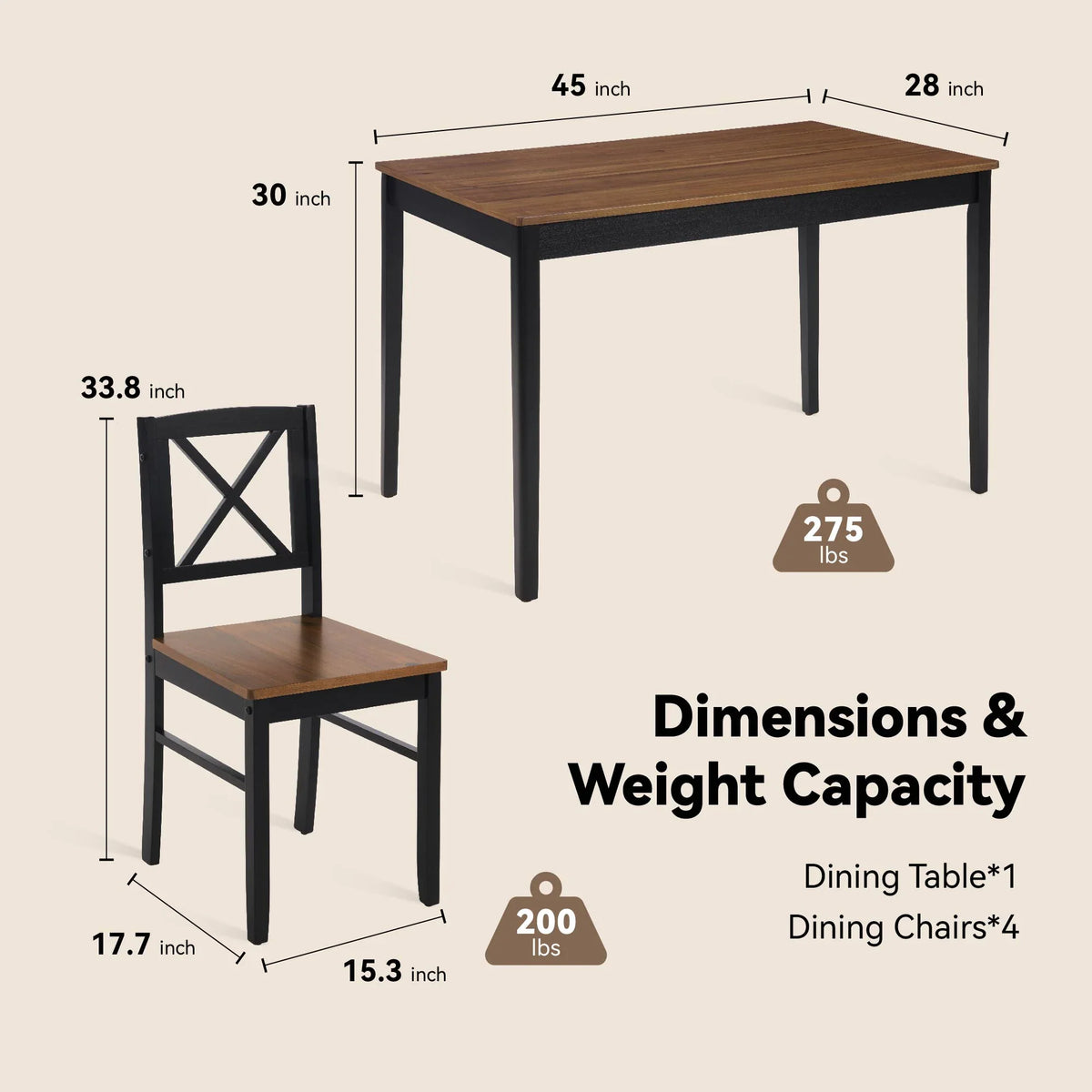Seizeen Solid Wood Kitchen Table and Chairs, Dining Room Table Set for 4 with Gray Upholstered Chairs, Wood Grain Table Heavy-Duty Frame, Rustic Minimalist Style Breakfast Nook Set