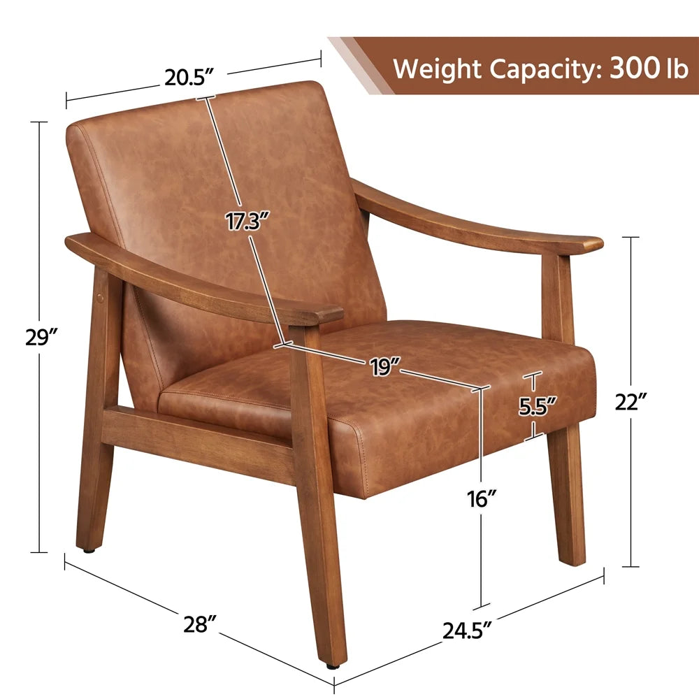 Yaheetech Mid-Century Upholstered Faux Leather Armchair with Solid Wood Legs,Brown